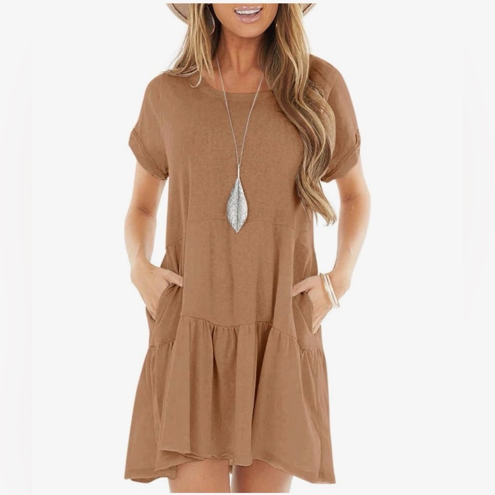 Large berryou tiered short sleeve casual tee shirt swingy dress tan pockets